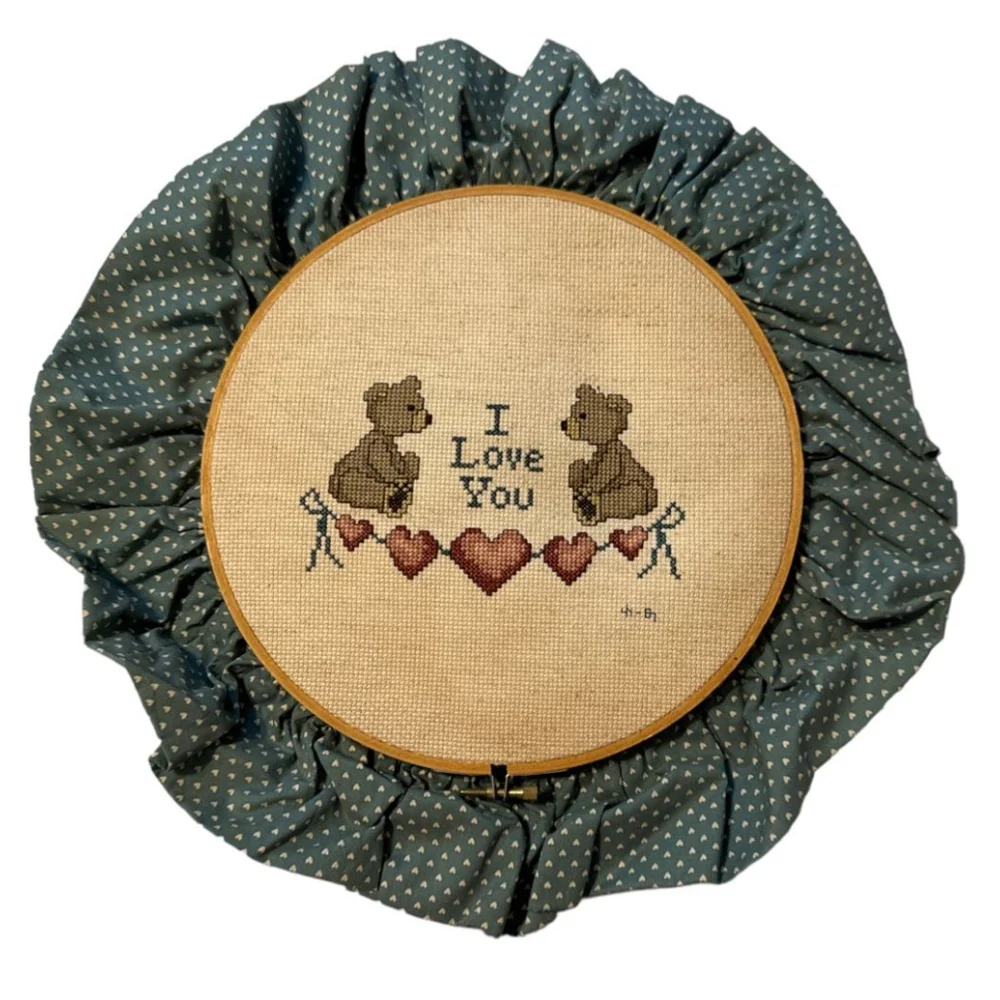 Handmade Cross Stitch Wall Hanging 80s Teddy Bears Love you Hearts